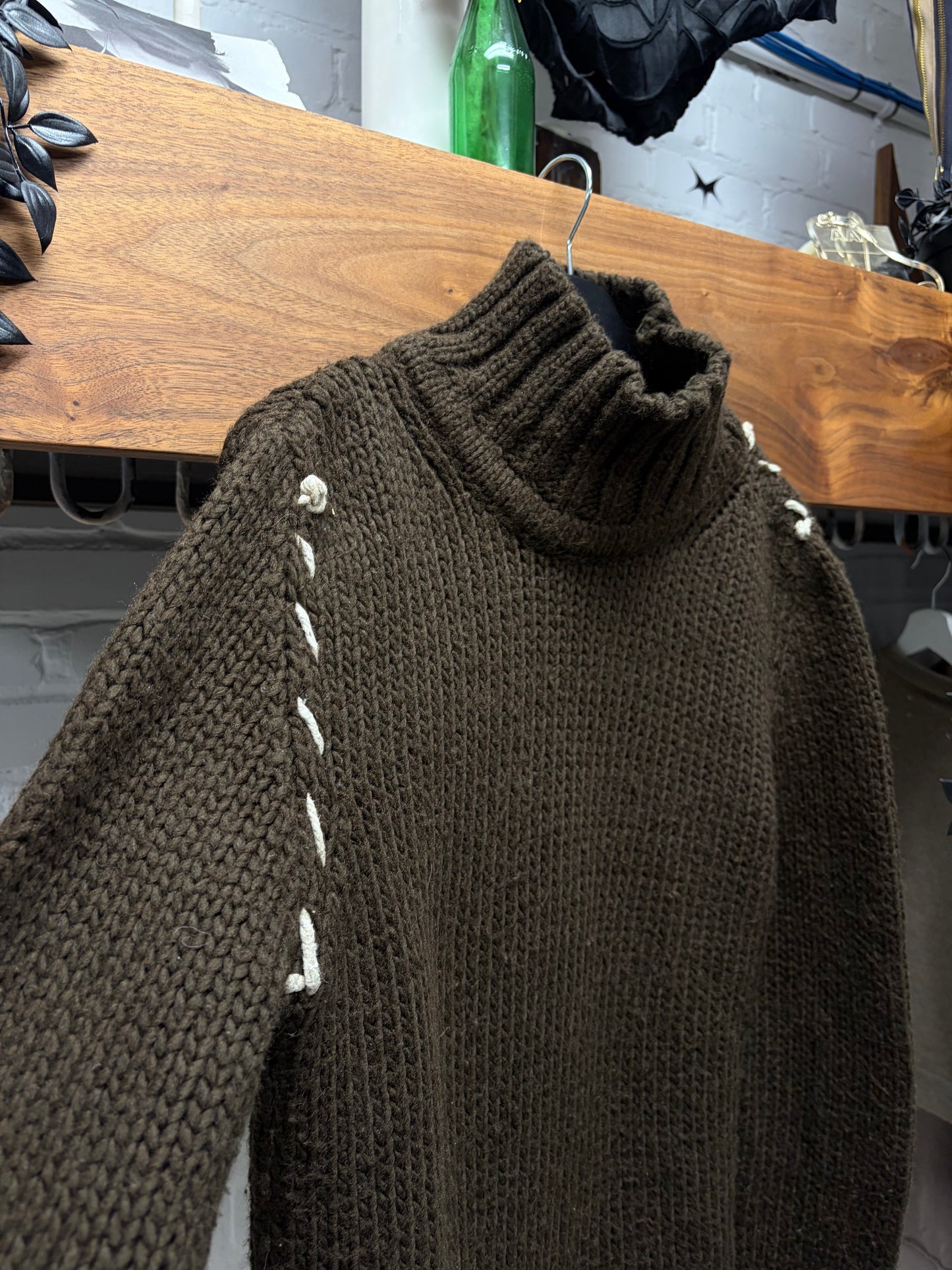 2000s Roberto Cavalli Brown Wool Knit Sweater with White Contrast Stitching