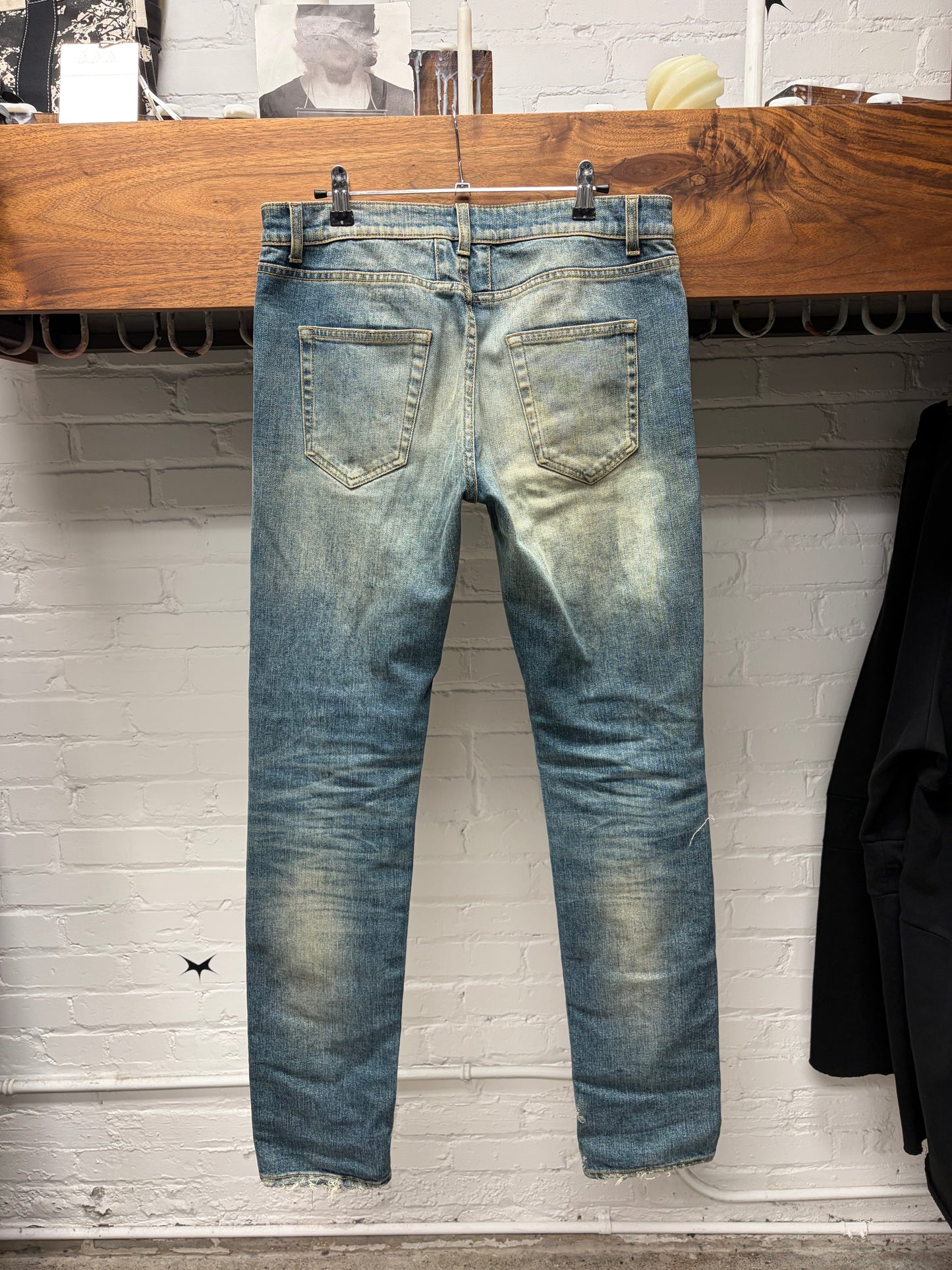SS2016 Saint Laurent Studded Leather Biker ‘D02’ Washed Blue Skinny Jeans