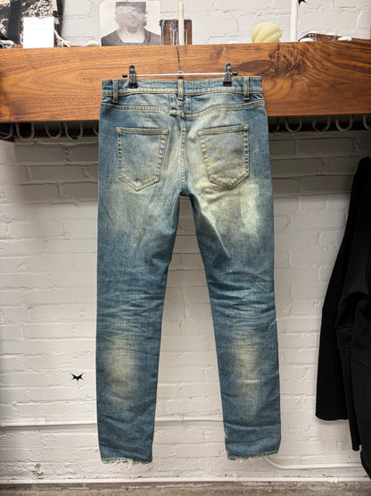 SS2016 Saint Laurent Studded Leather Biker ‘D02’ Washed Blue Skinny Jeans