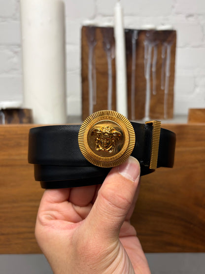 Versace Gold Medusa Head Circle Logo Black Leather Belt