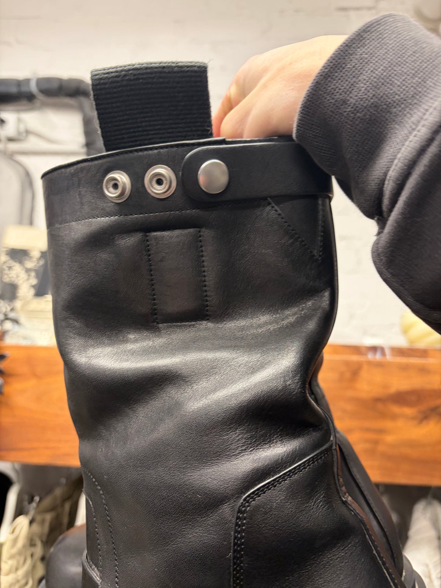 Rick Owens Pull On ‘Bogun’ Black Calfskin Leather Platform Sole Boots