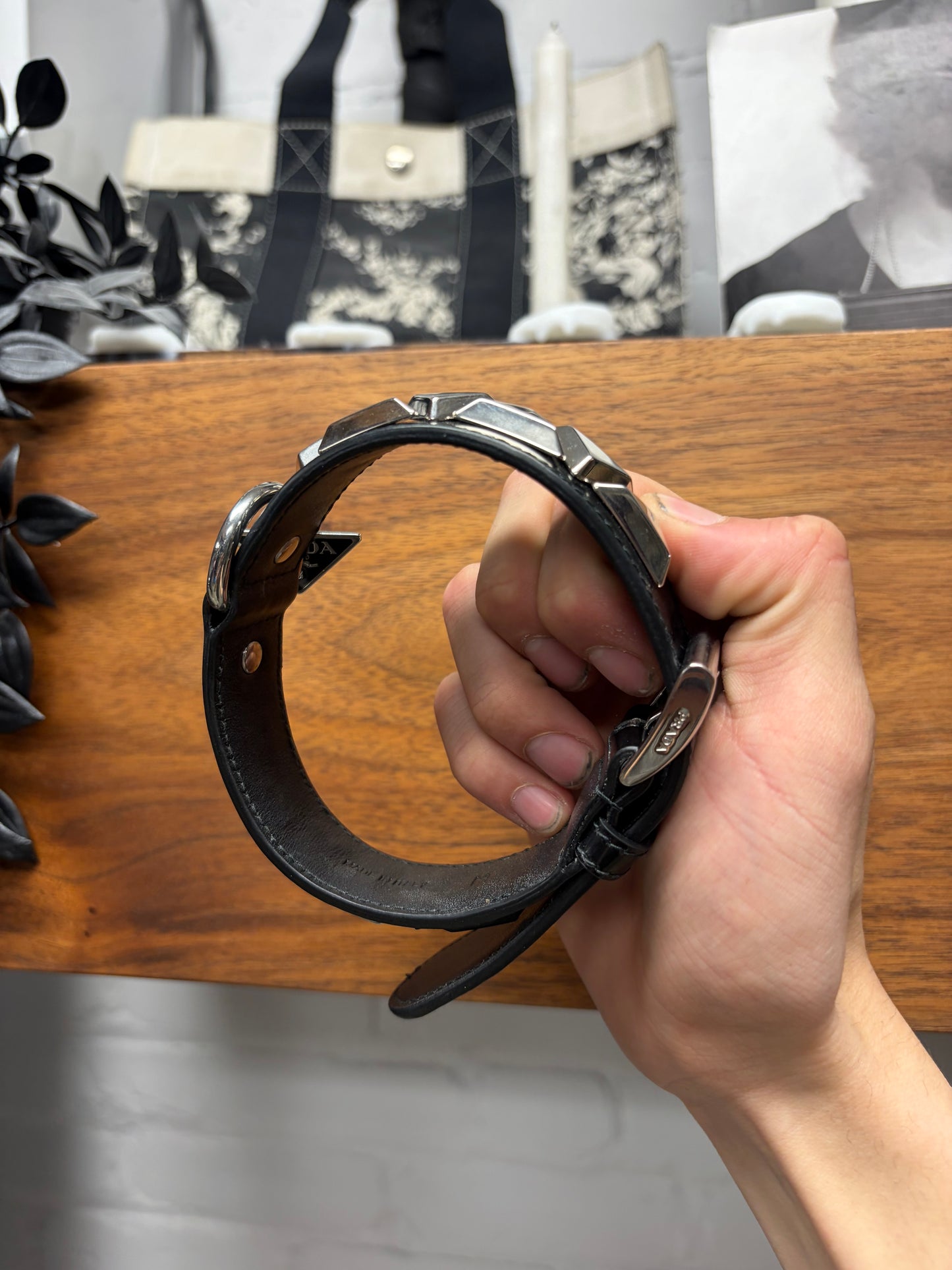 Prada Brushed Calfskin Leather Studded Black Dog Collar