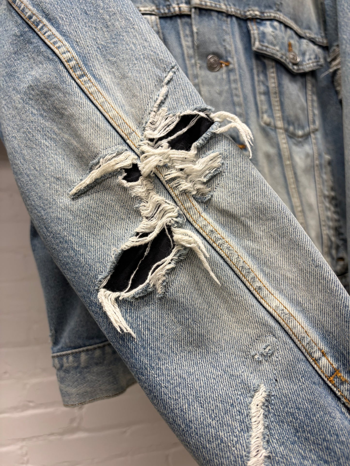 AW2020 Balenciaga ‘Thrash Distressed’ Repaired Blue Denim Trucker Jacket