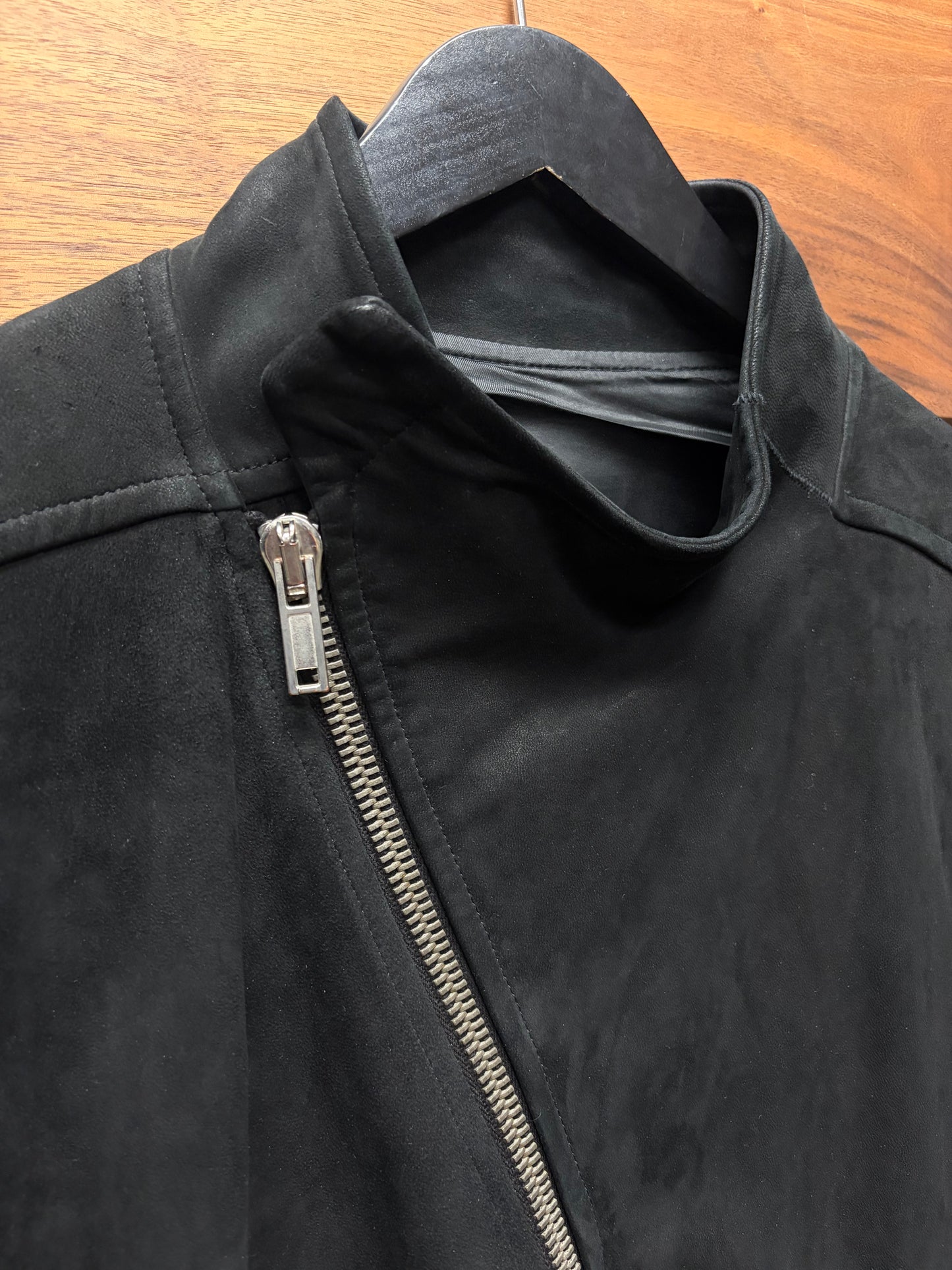 Rick Owens Mollino Zip Blistered Suede Black High Neck Leather Jacket