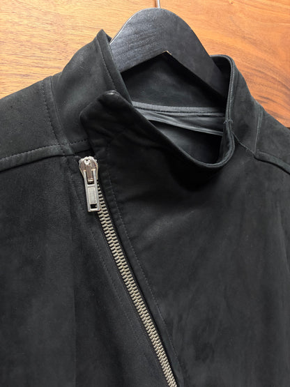 Rick Owens Mollino Zip Blistered Suede Black High Neck Leather Jacket