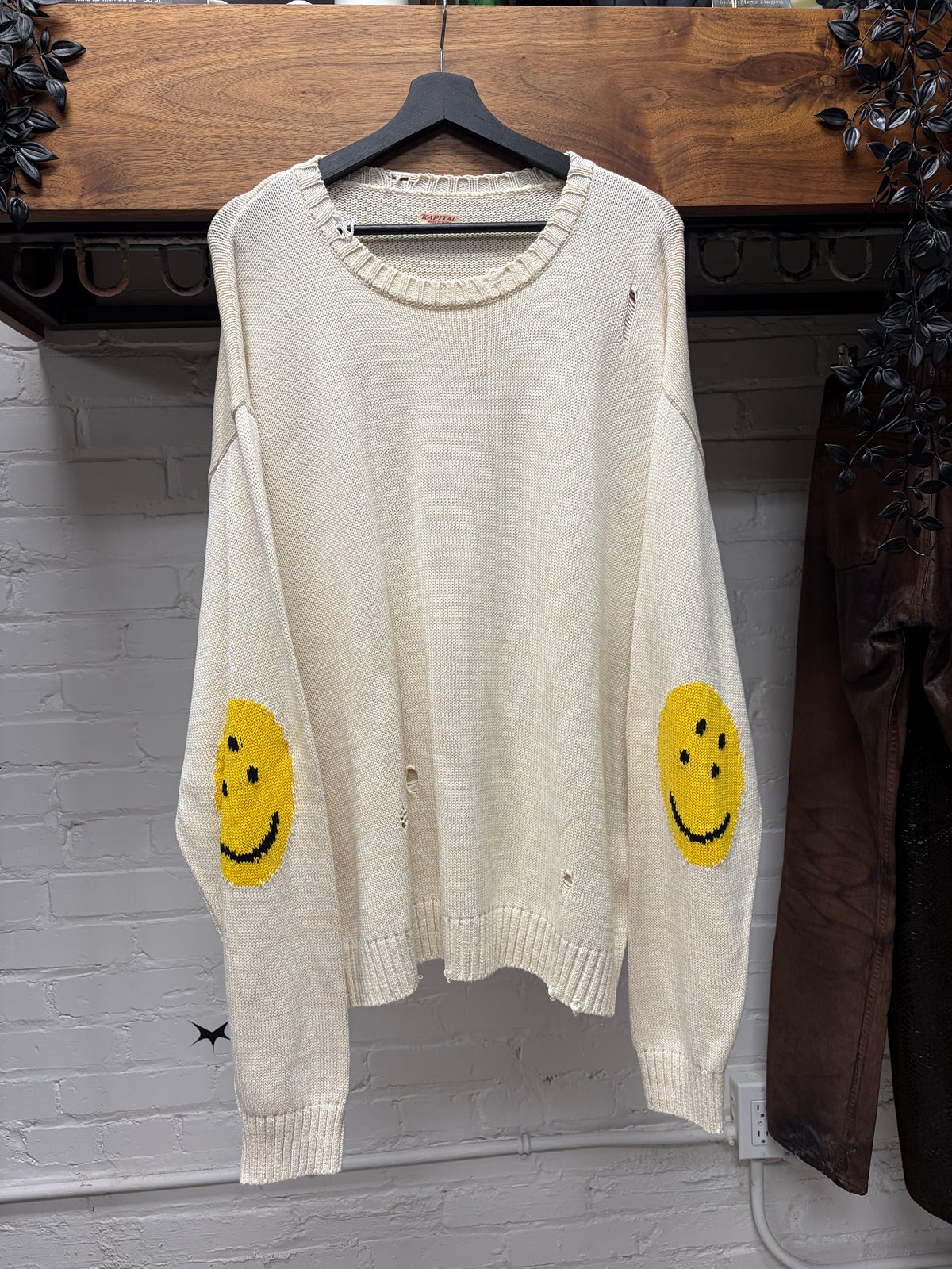 Kapital ‘Smiley’ 5G Distressed Cream White Knit Sweater