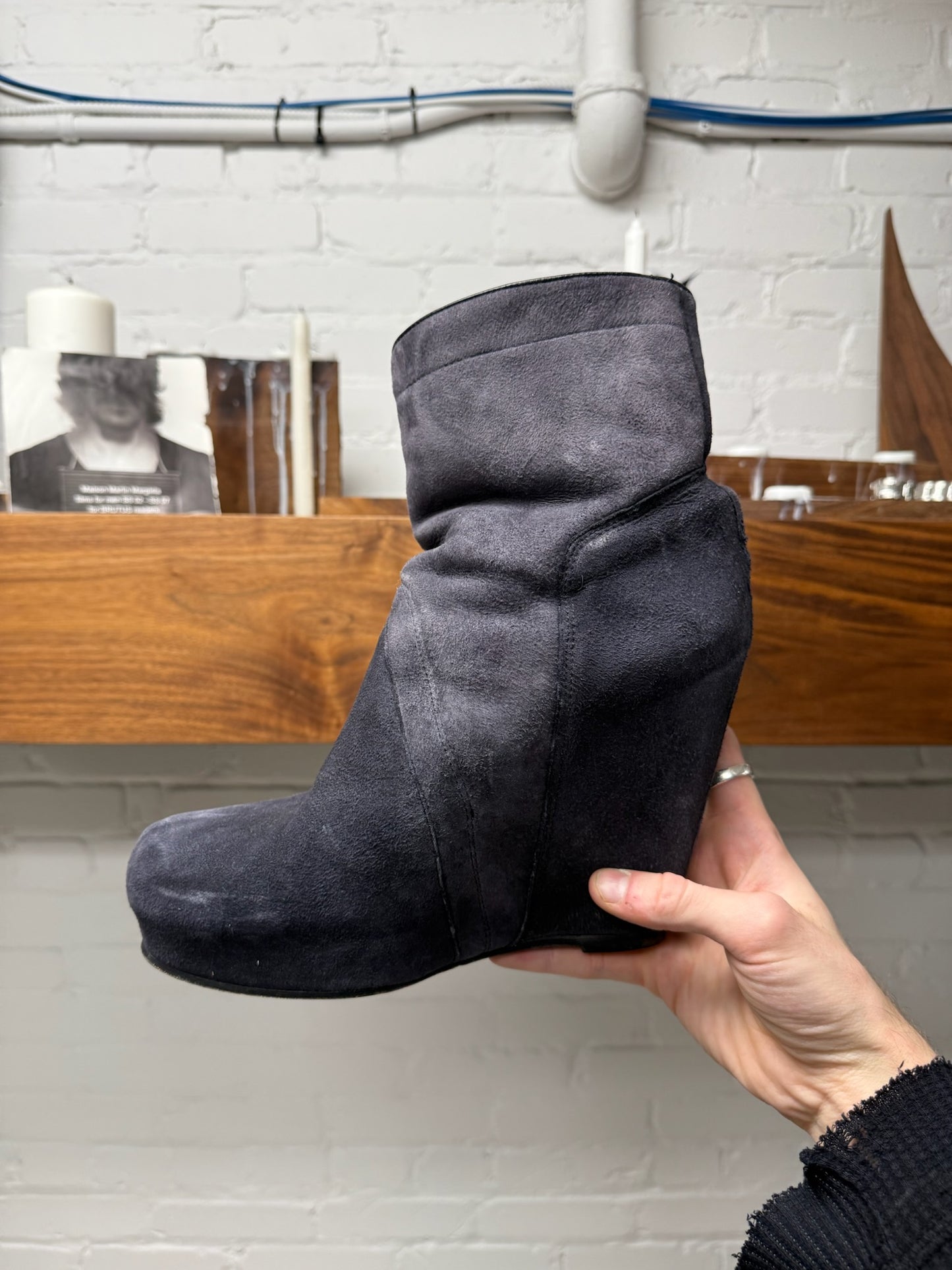 Rick Owens Shearling Lined Plum Suede ‘Wedge’ Boots