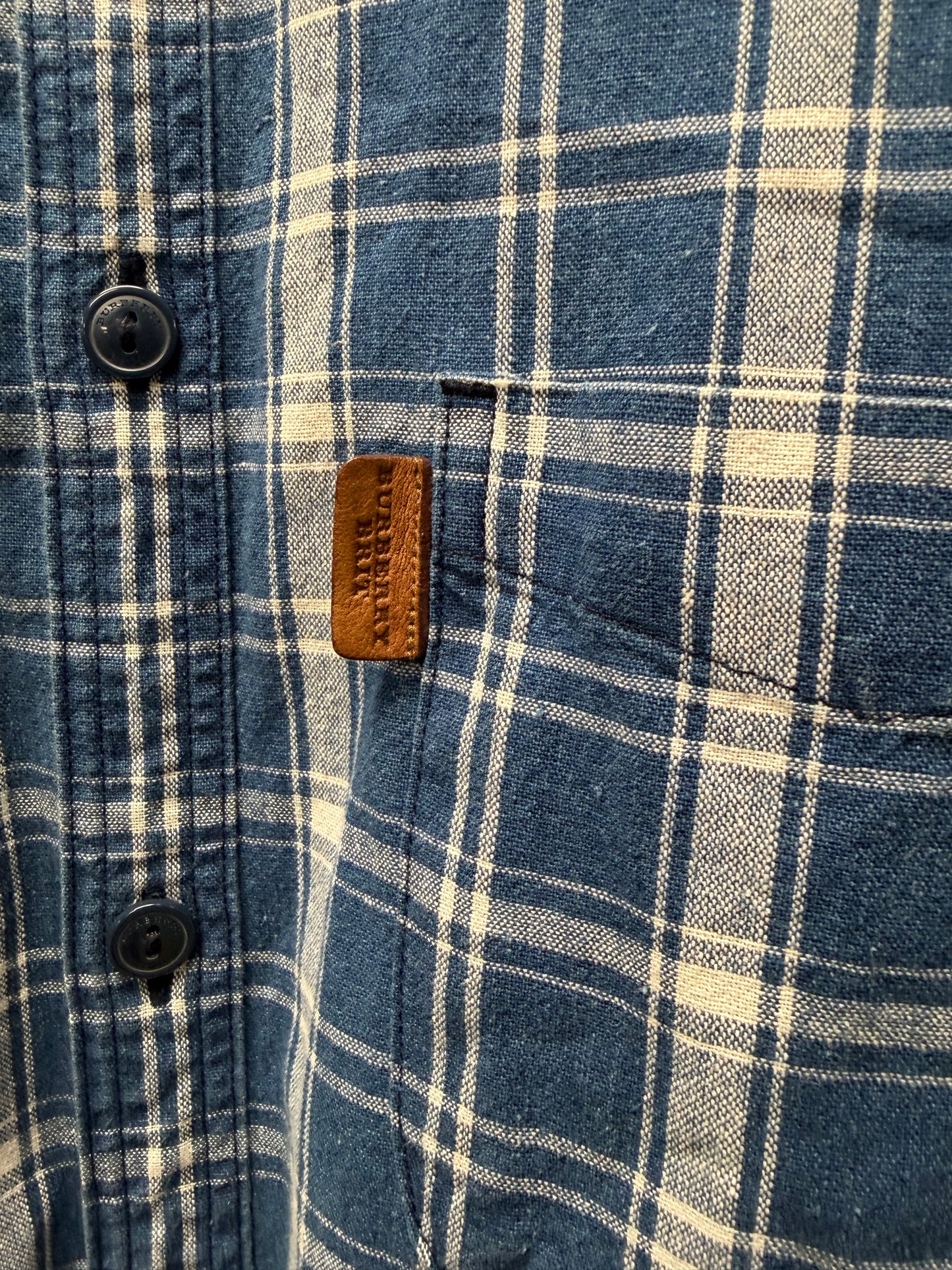 Burberry White/Blue Plaid Button Up Shirt with Leather Tab