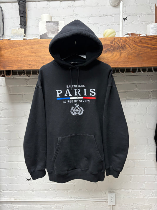 2019 Balenciaga ‘Paris’ Embroidered Logo Black Drawstring Hoodie