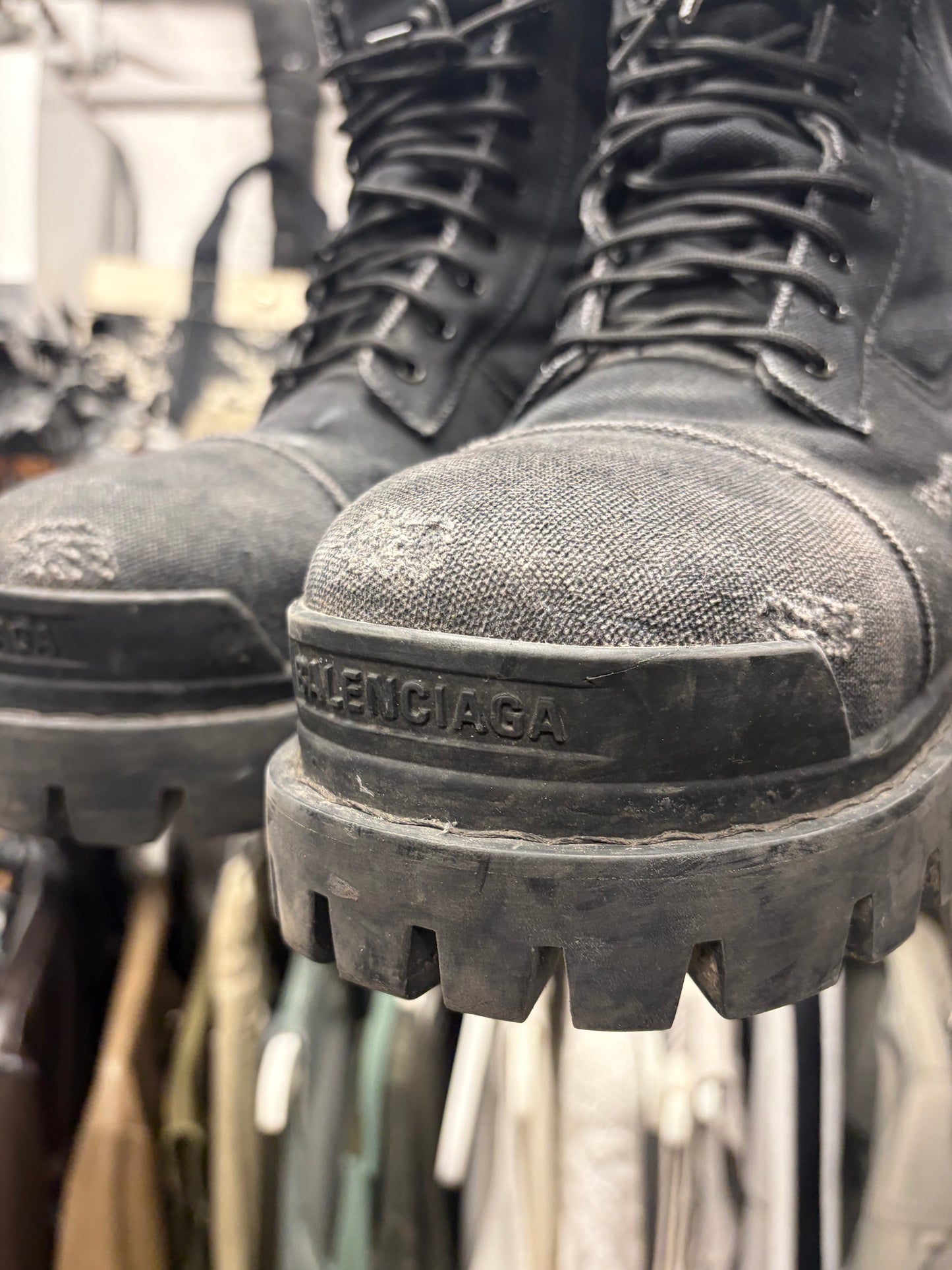 Balenciaga Distressed Canvas ‘Strike’ Black Combat Boots