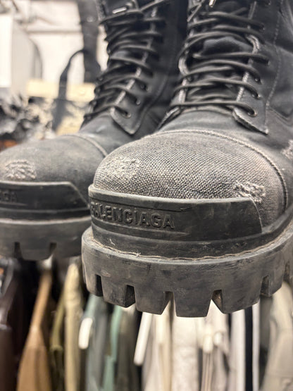 Balenciaga Distressed Canvas ‘Strike’ Black Combat Boots