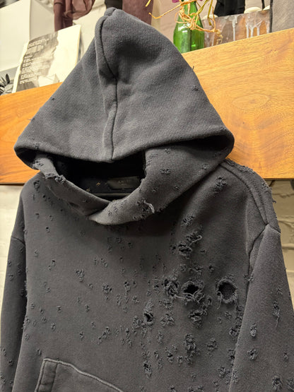 Amiri ‘Gunshot’ Cropped Cashmere Thrash Distressed Black Hoodie