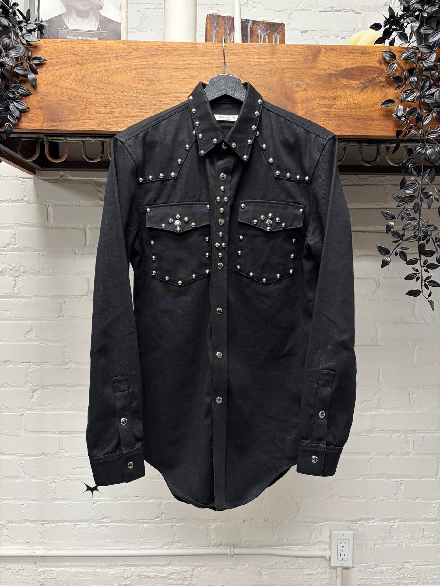 SS2016 Givenchy by Ricardo Tisci Black Studded Denim Pearl Button Snap Shirt