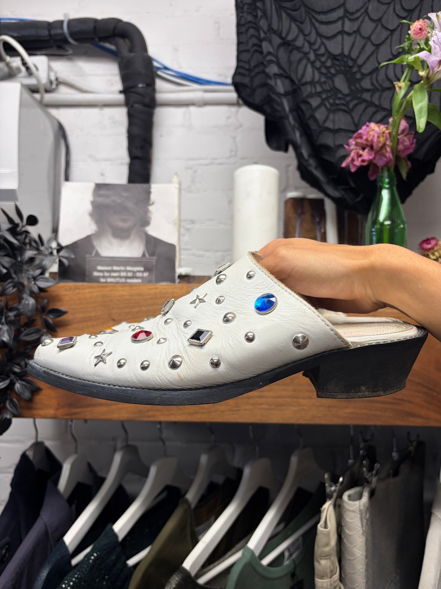 AW2002 Junya Watanabe ‘Jewel Encrusted’ White Leather Pointed Toe Mules