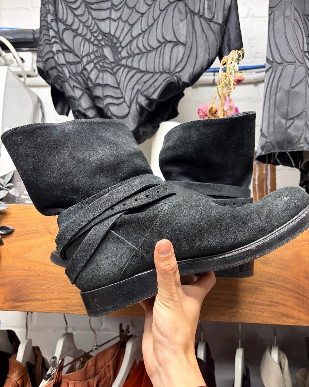 Kris Van Assche Black Suede ‘Chelsea’ Ankle Boots with Belting Wraps