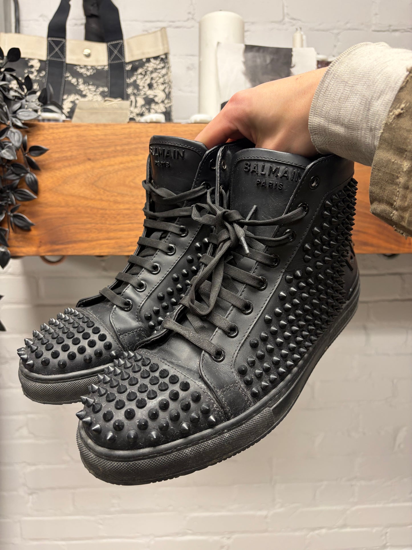 Balmain Studded ‘Spikes’ Black Leather High Top Sneakers