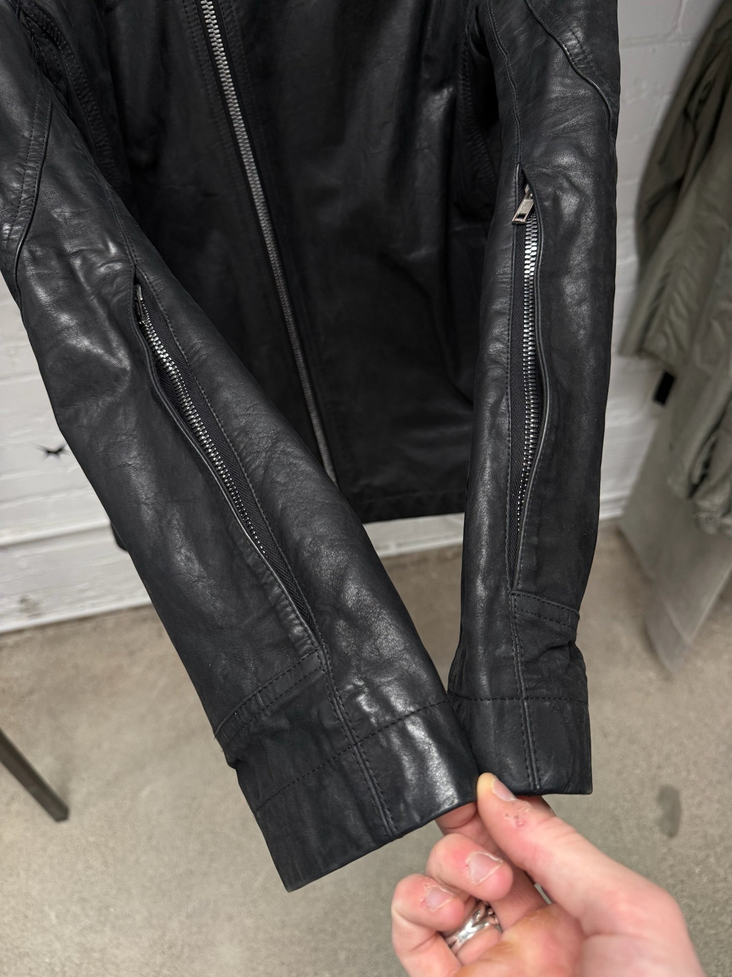 Rick Owens Mainline ‘Mollino’ Black Lambskin Leather High Neck Zip Jacket