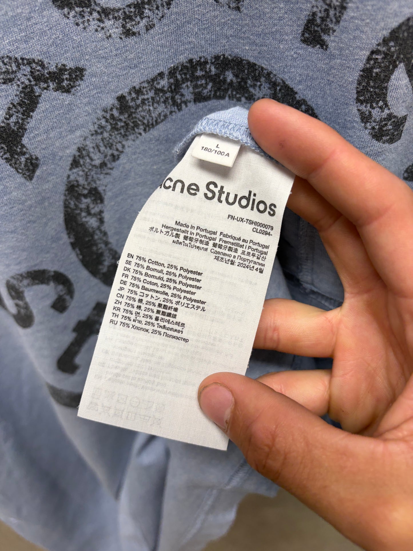 Acne Studios ‘Button Logo’ Distressed Blue Cotton Short Sleeve T-Shirt