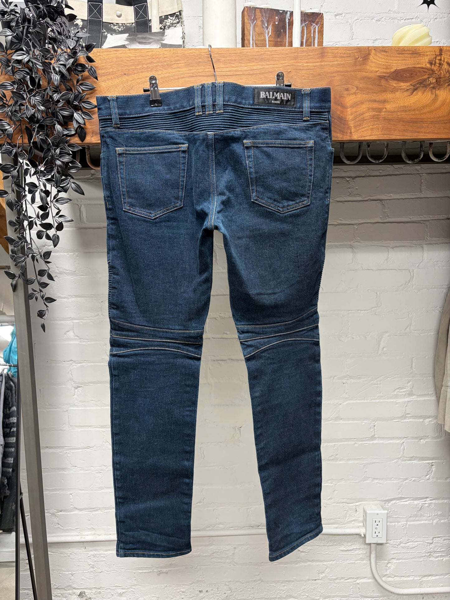 Balmain Classic Raw Blue Biker Knee Skinny Jeans