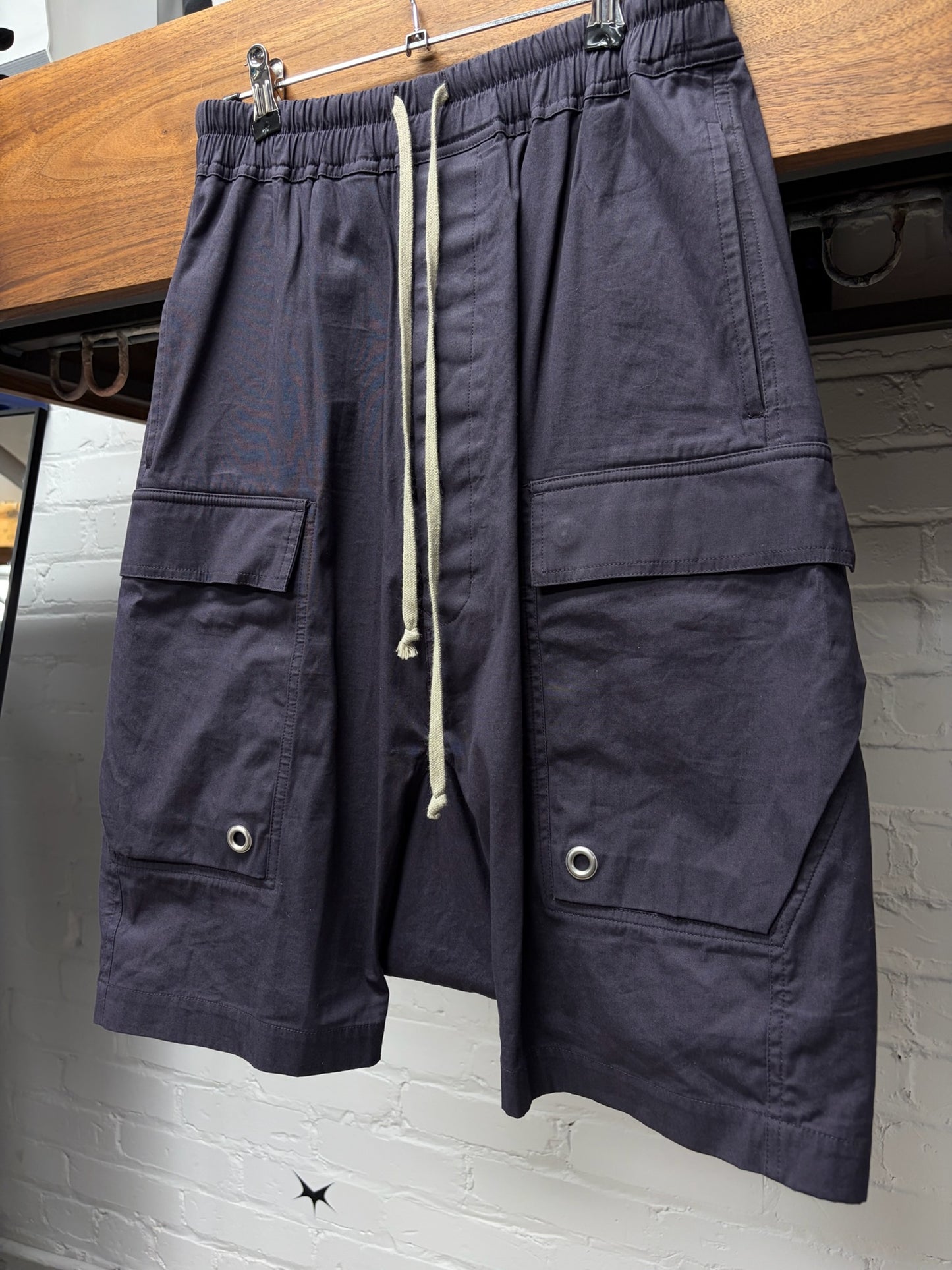 Rick Owens ‘Plum’ Purple Drop Crotch ‘Pod’ Drawstring Cargo Shorts