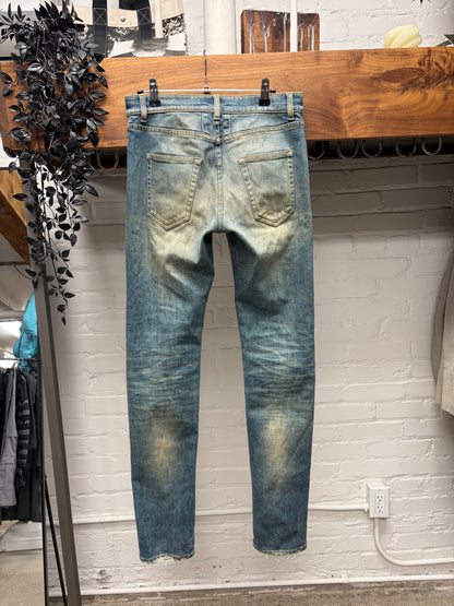 Saint Laurent by Hedi Slimane Studded Leather ‘D02’ Biker Knee Dirt Wash Denim