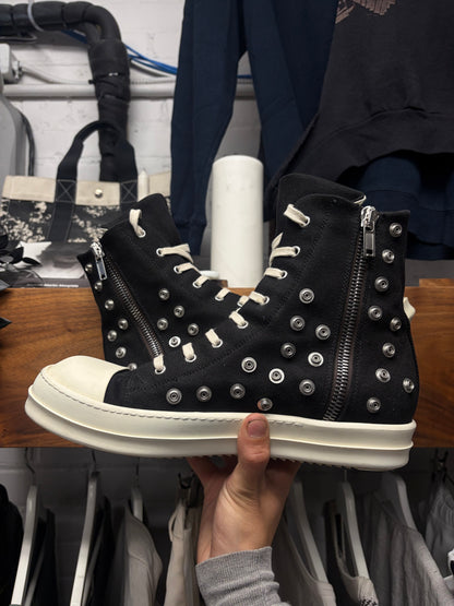 Rick Owens ‘Ramones’ Studded Eyelet Black Canvas High Top Sneakers