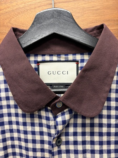 Gucci Gingham Plaid Shirt with Chocolate Brown Cotton Collar
