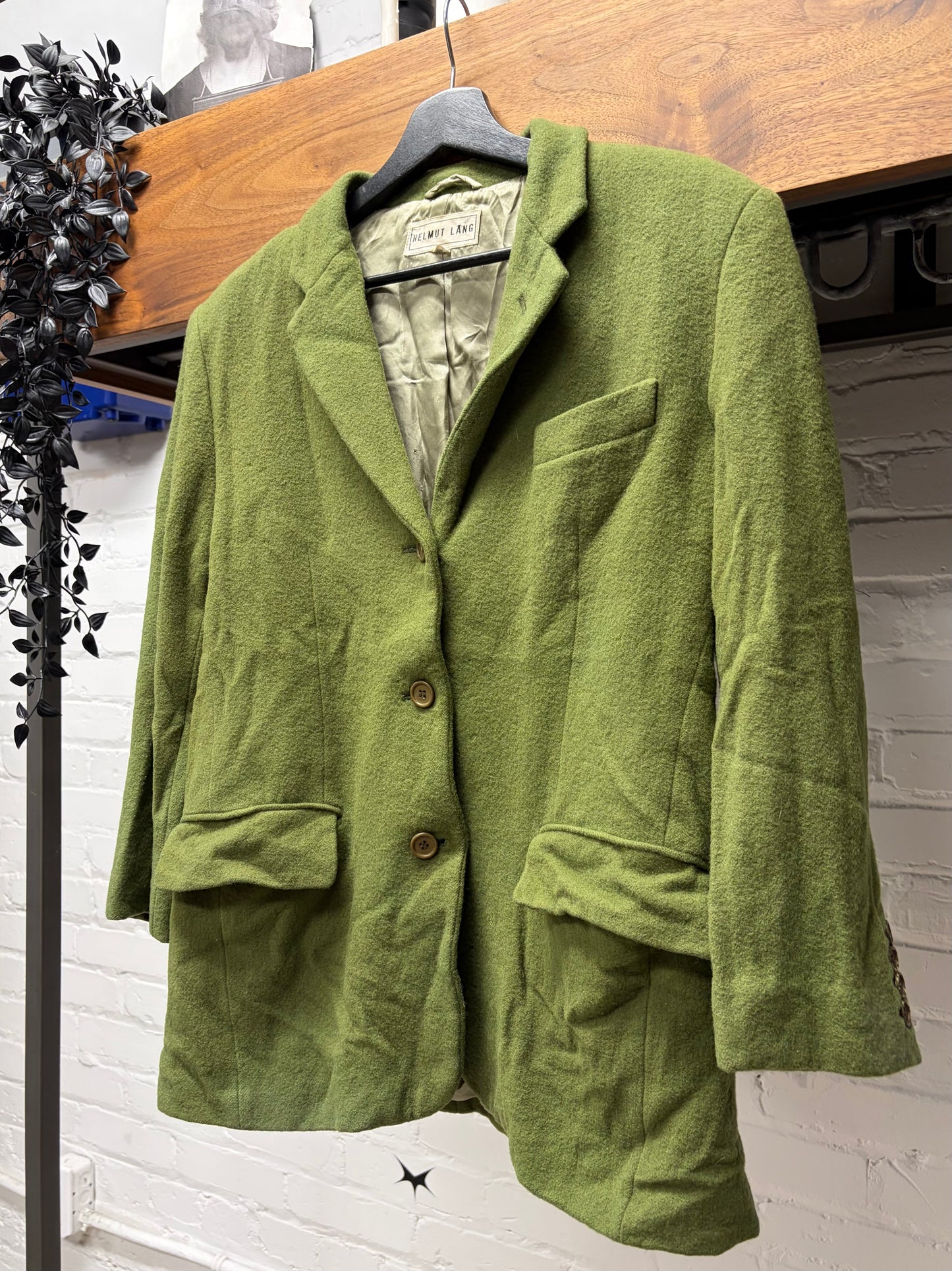 Vintage 1980s Helmut Lang Green Single Breasted Cropped Wool Blazer