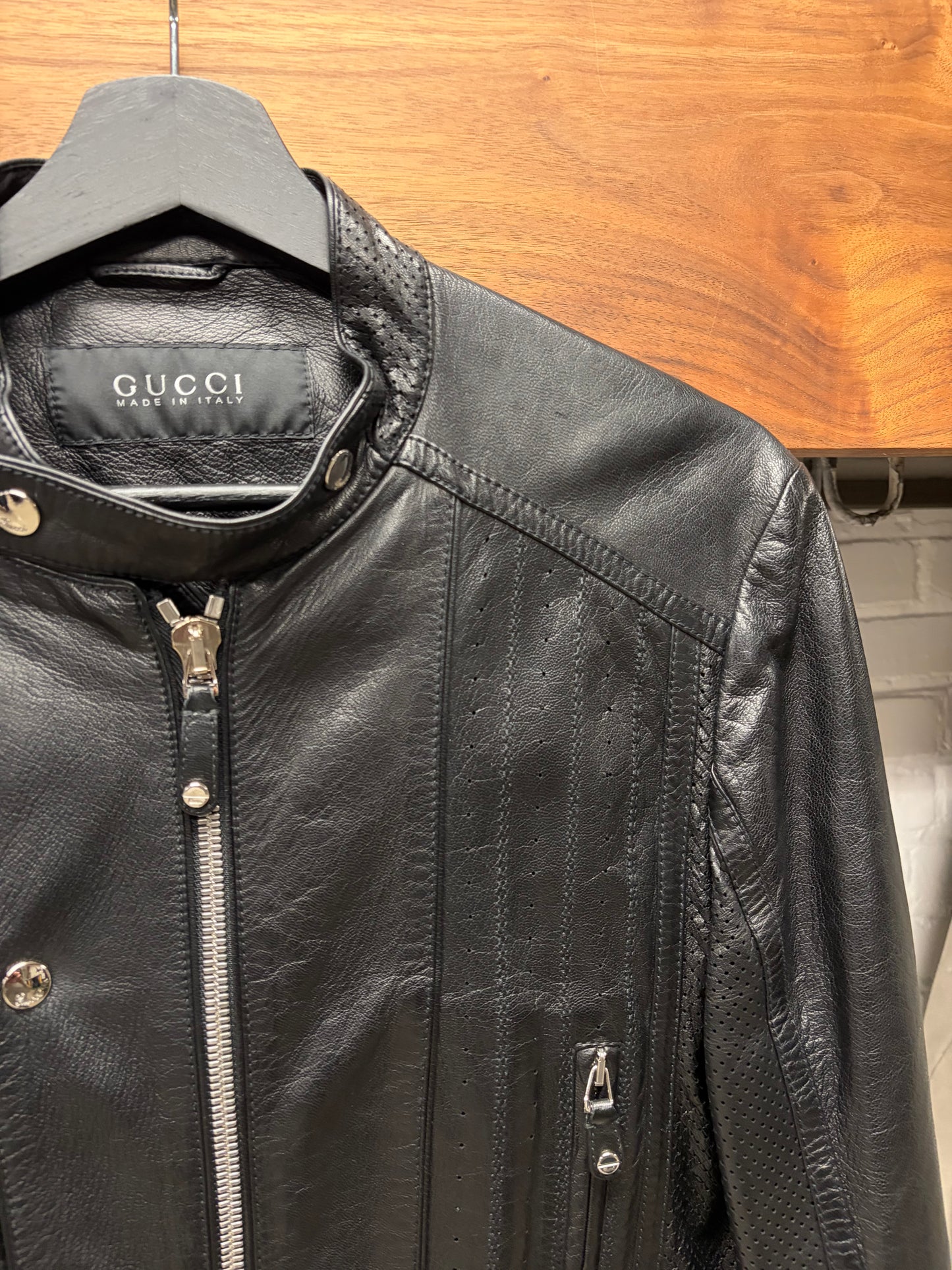 Mid 2000s Gucci by Frida Giannini Perforated Leather Biker Jacket