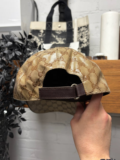 Gucci Coated Brown Canvas Leather Strap-Back Baseball Cap