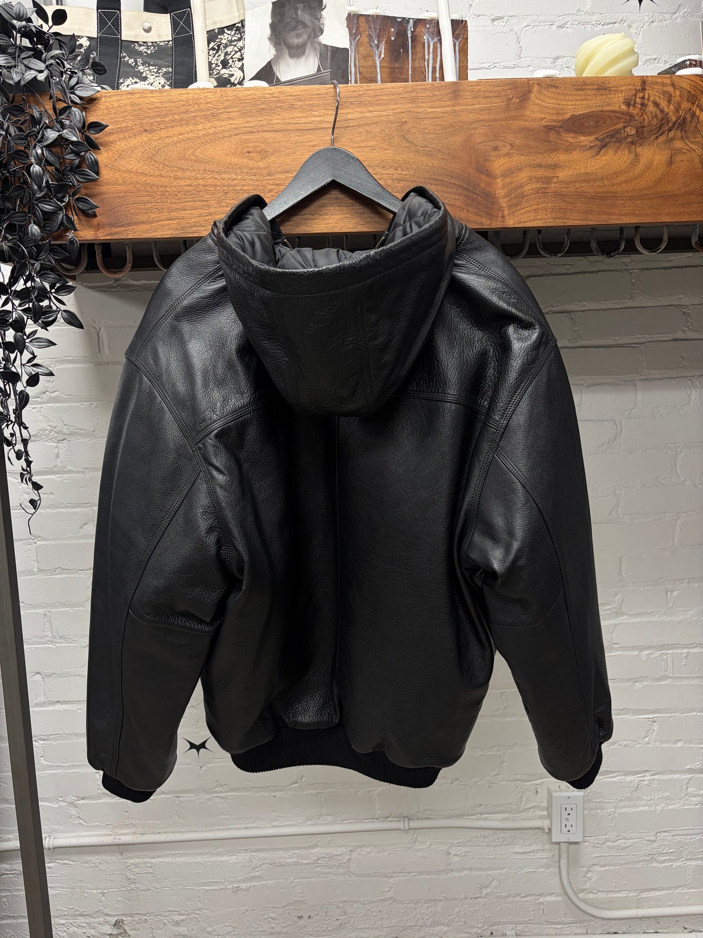 AW2024 Supreme x Dickies Black Leather Hooded Work Bomber Jacket