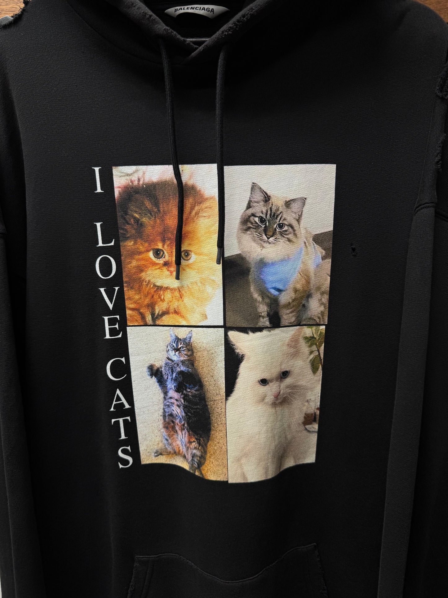 2020 Balenciaga ‘I Love Cats’ Distressed Black Pullover Hoodie
