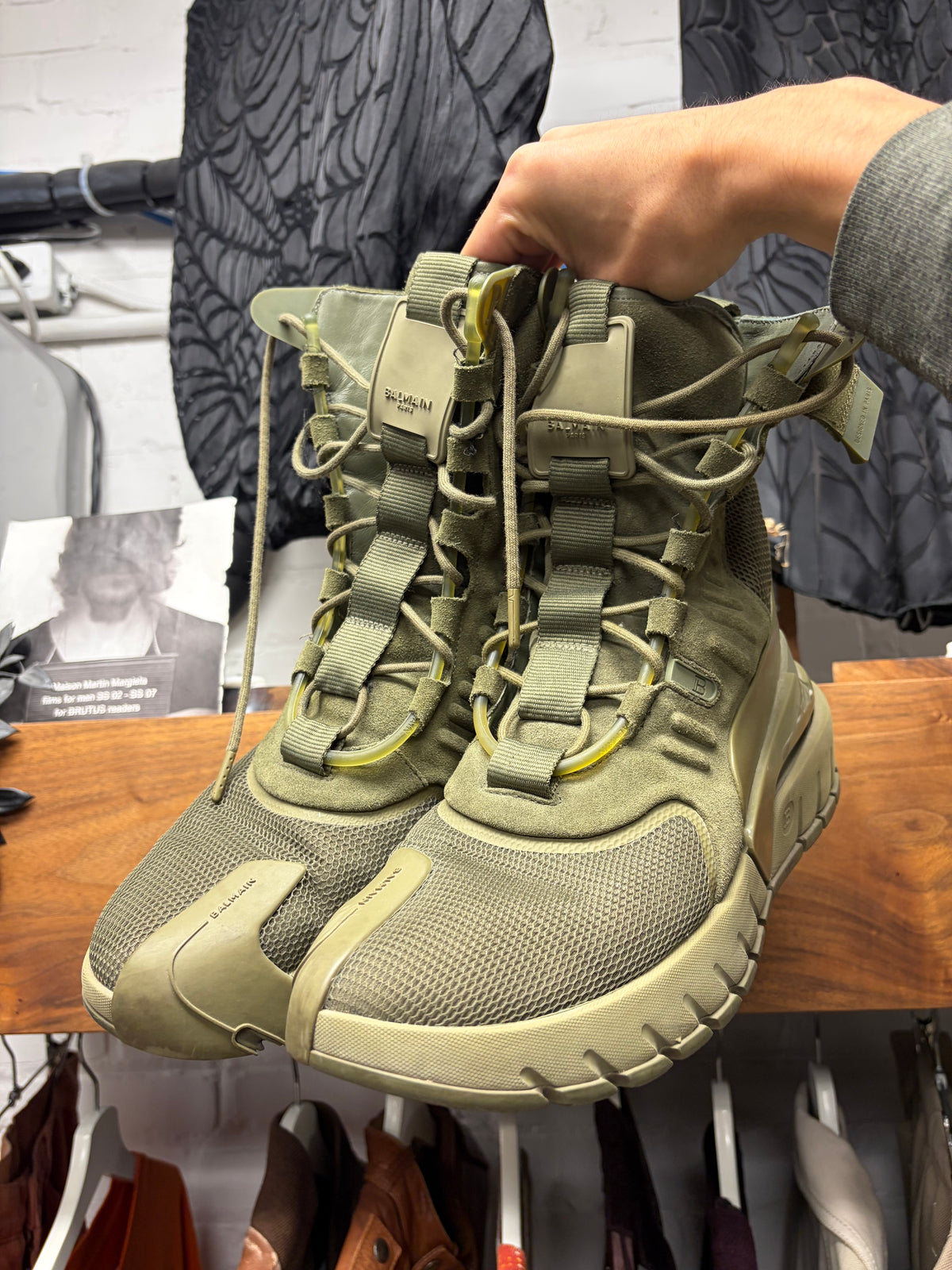 Balmain Khaki ‘B-Army’ Green Suede Combat High Top Sneaker/Boots