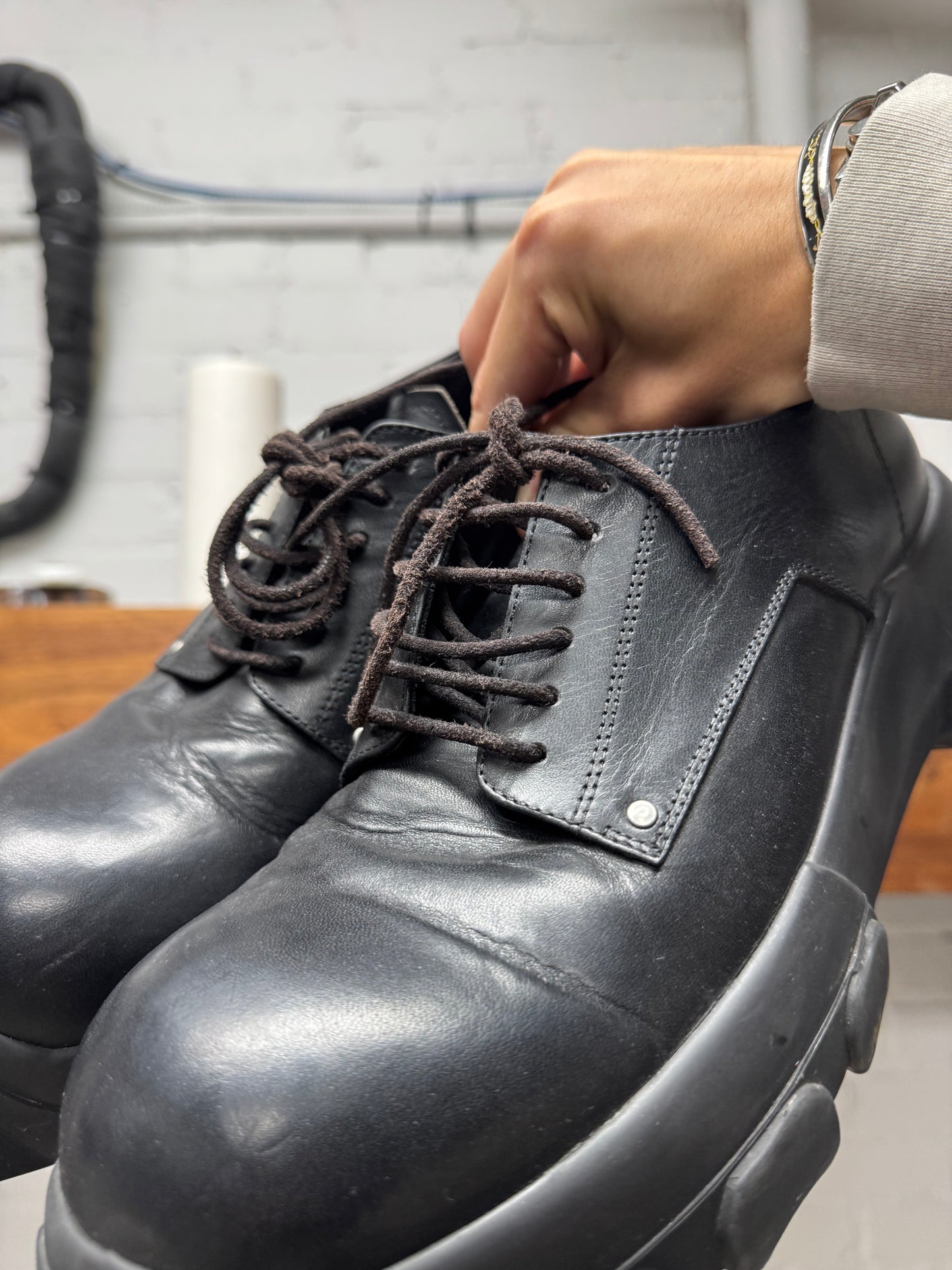 Rick Owens ‘Tractor Sole’ Black Calfskin Leather Derbys