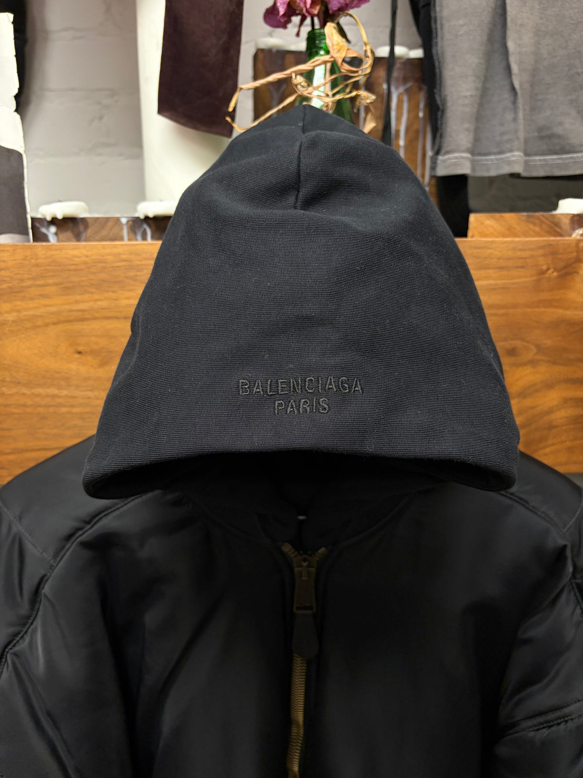 2023 Balenciaga Hoodie Double Layered Black Drop Shoulder Bomber Jacket