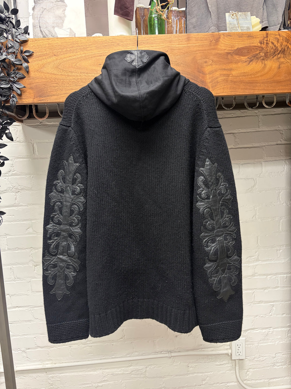 Chrome Hearts Custom Order Cashmere/Leather Cross Patch .925 Silver Zip-Up Knit Hooded Sweater