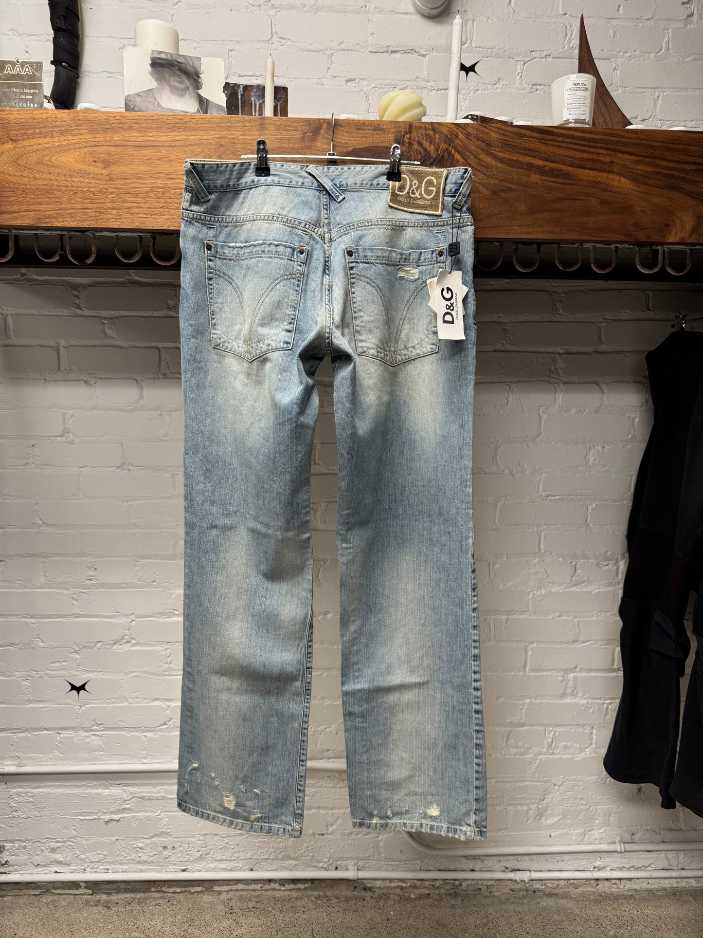 2000s Dolce & Gabbana Light Wash Blue Distressed Wide Leg Denim