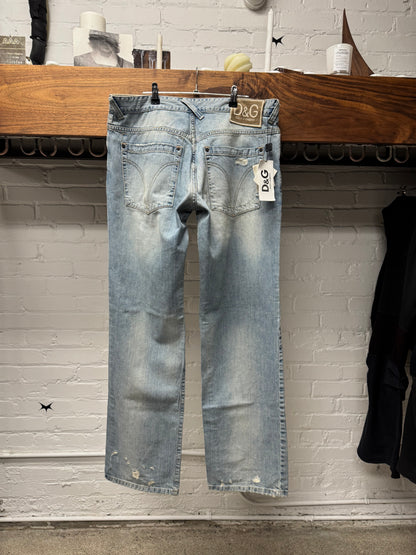 2000s Dolce & Gabbana Light Wash Blue Distressed Wide Leg Denim