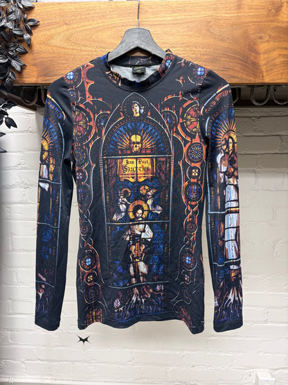 AW1998 Vintage Jean Paul Gaultier ‘Stained Glass’ Cathedral Full Print Mesh Long Sleeve Shirt