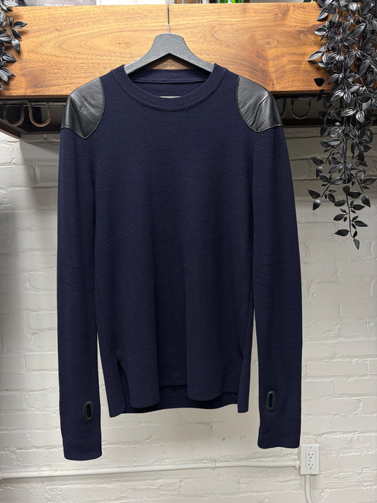SS2015 Maison Margiela Leather Patch ‘Thumbhole’ Navy Blue Ribbed Knit Sweater
