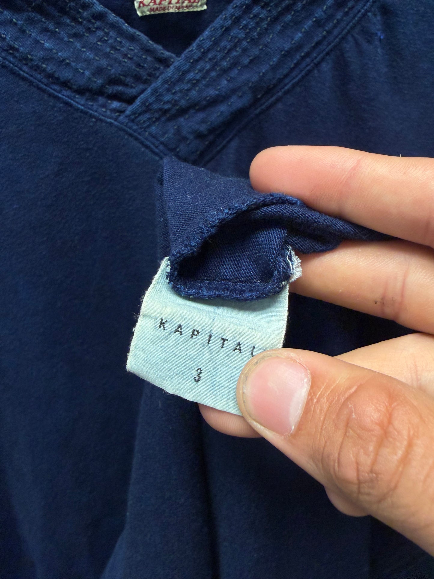 Kapital ‘Sashiko’ V-Neck Raw Indigo Blue Cotton T-Shirt
