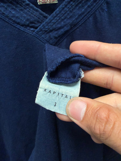 Kapital ‘Sashiko’ V-Neck Raw Indigo Blue Cotton T-Shirt
