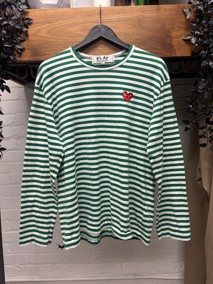 2023 Comme Des Garçons Play Striped Green/White Long Sleeve Shirt