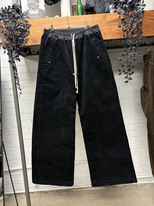 AW2022 Rick Owens ‘Strobe’ Black Corduroy ‘Bela’ Wide Leg Drawstring Pants