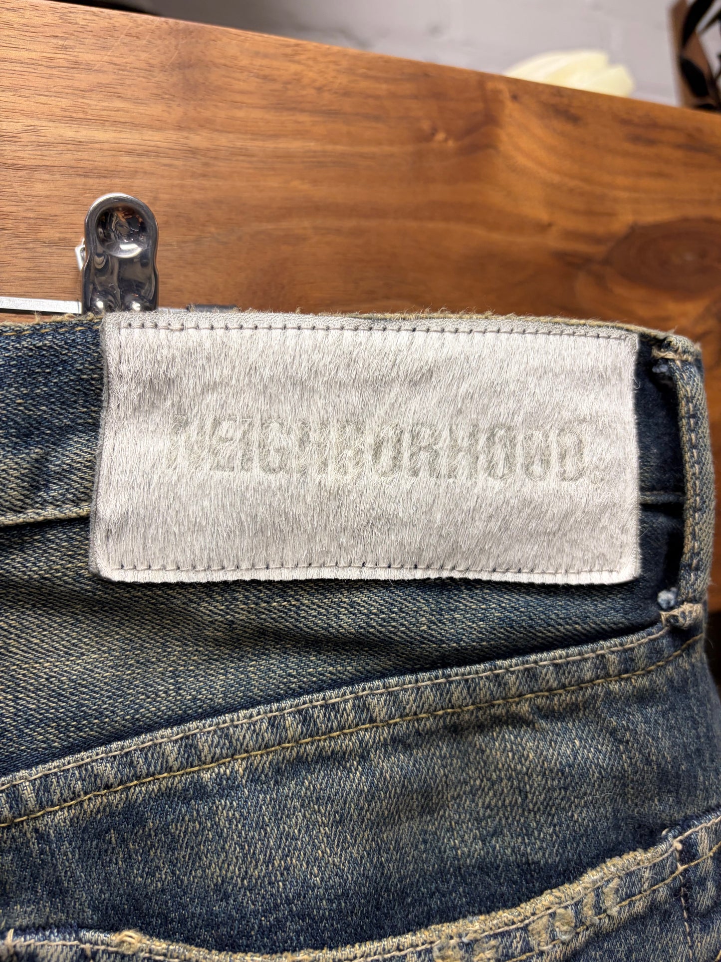 Neighborhood Selvedge ‘DP’ Wide Leg Repaired Washed Blue Denim