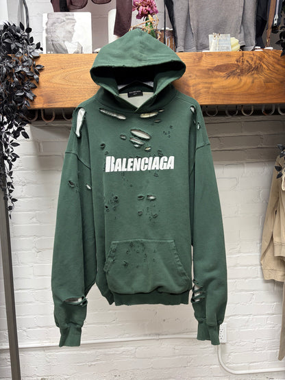 2021 Balenciaga ‘Caps’ Destroyed Green/White Logo Heavy Cotton Hoodie