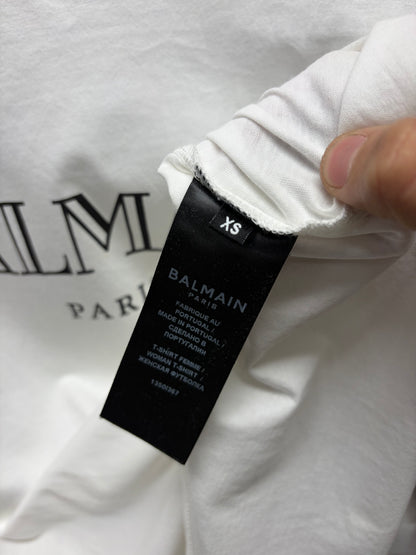 Balmain Shoulder Epaulette White Short Sleeve Logo T-Shirt