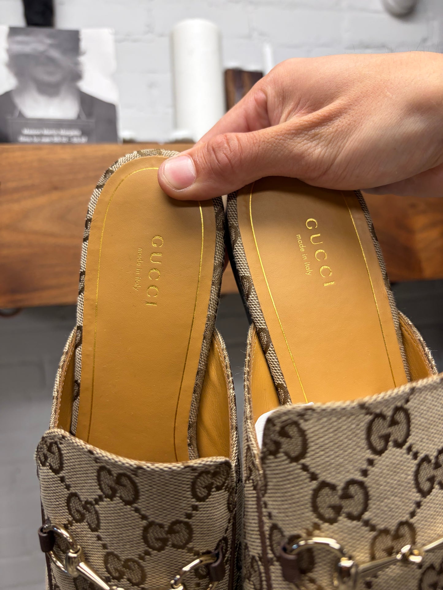 Gucci by Demna Brown Canvas Monogram ‘Princeton’ Horsebit Mules