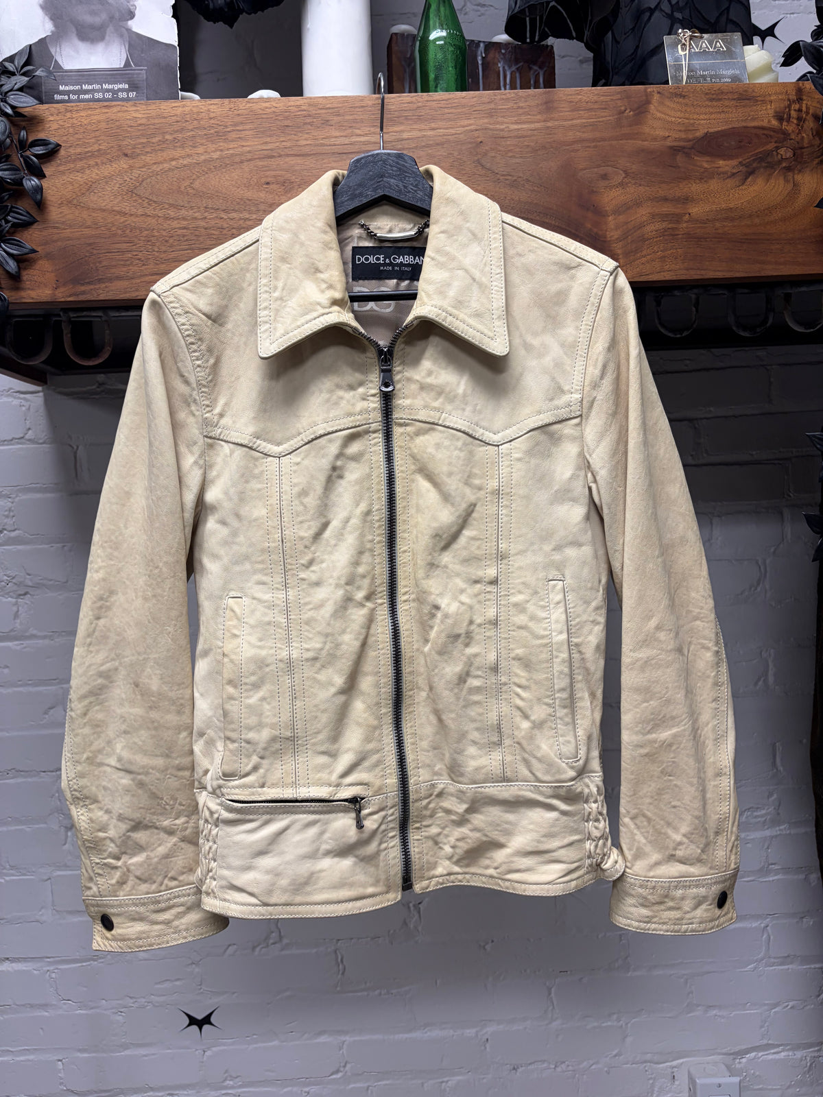 2000s Dolce and Gabbana Cream Lambskin Leather Jacket with Silk Monogram Liner Interior