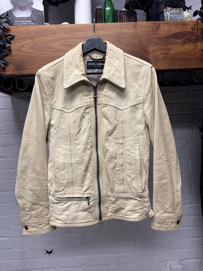 2000s Dolce and Gabbana Cream Lambskin Leather Jacket with Silk Monogram Liner Interior